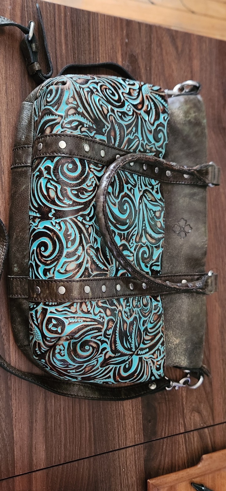 Patricia Nash 100% Leather handbag tooled turquoise