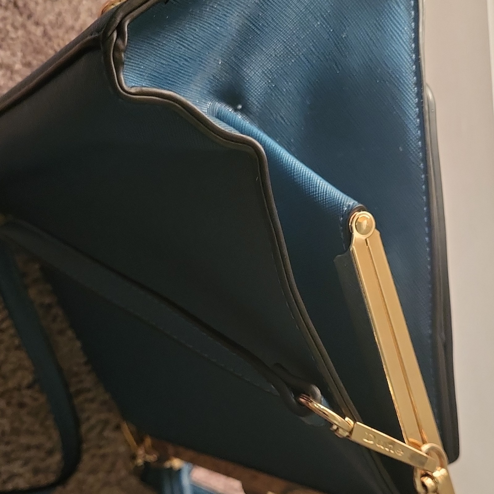 Dune London Blue Textured Satchel Gold Hardware Detachable Strap Top Handle