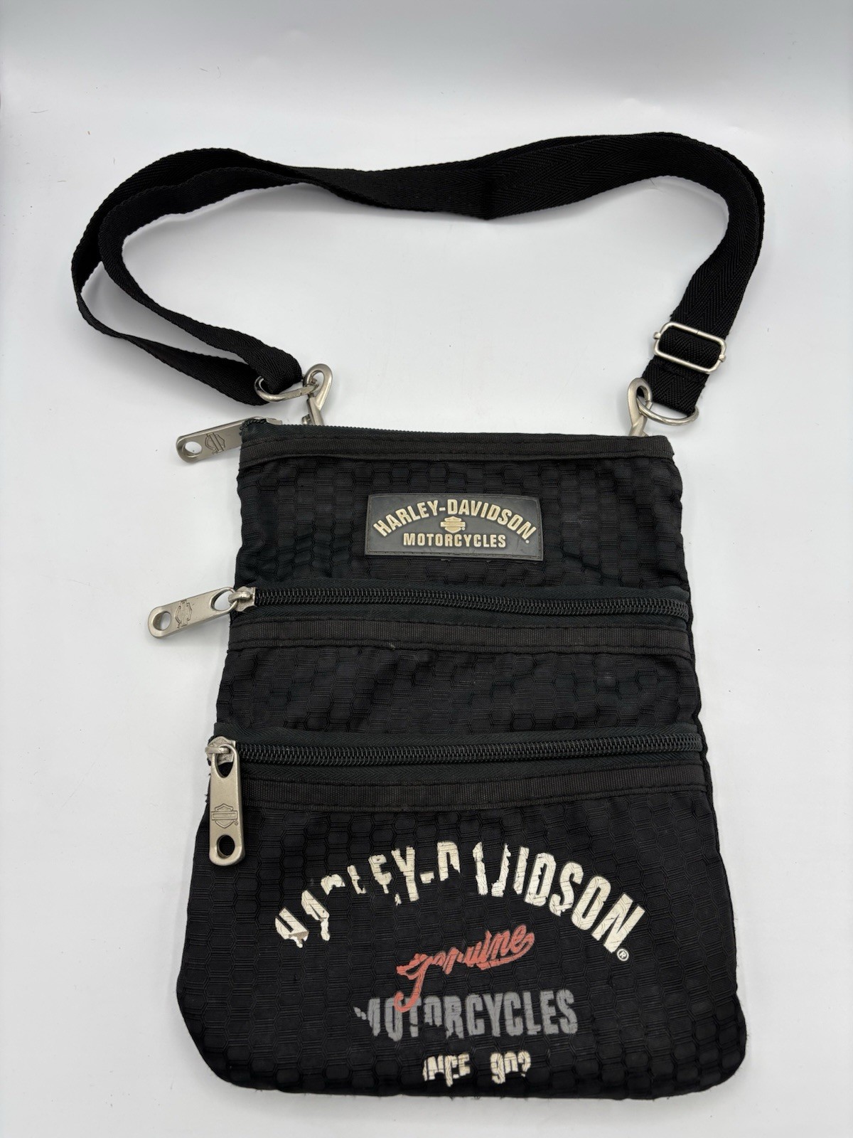 Harley Davidson Crossbody Bag Women Black 3 Zippers Adjustable Strap Logo Purse