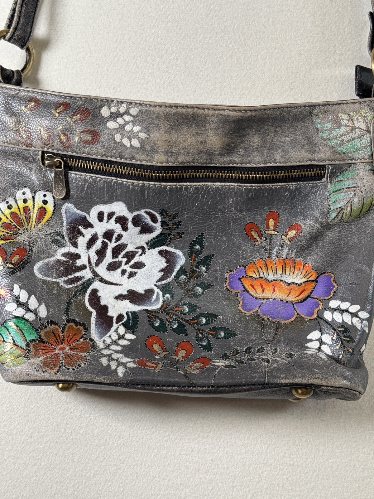 Hand Painted Floral Leather Crossbody Bag Boho Folk Art Purse Made in India