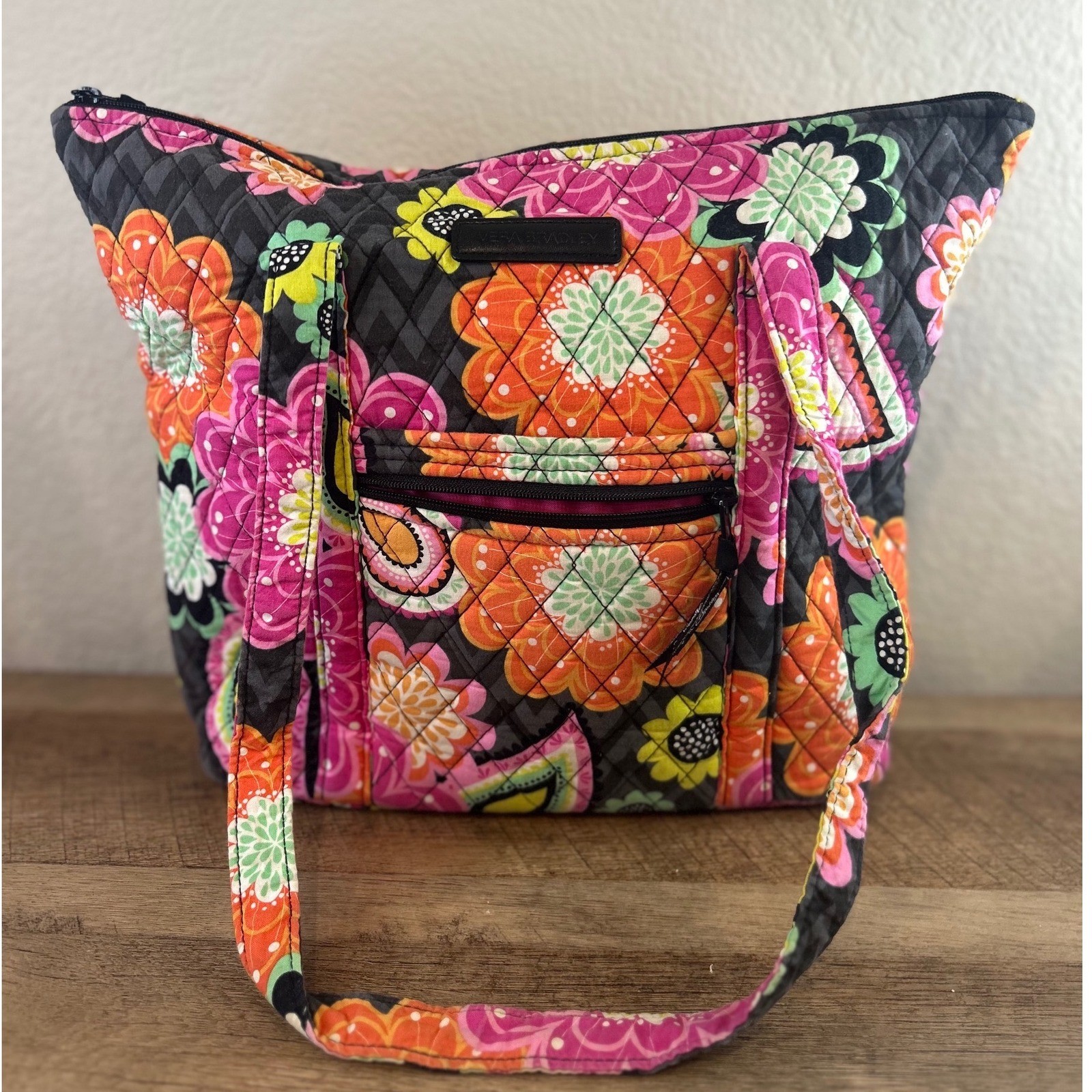 Vera Bradley Sierra Quilted Cotton Floral Tote Bag Grey Pink Orange Zip Shoulder