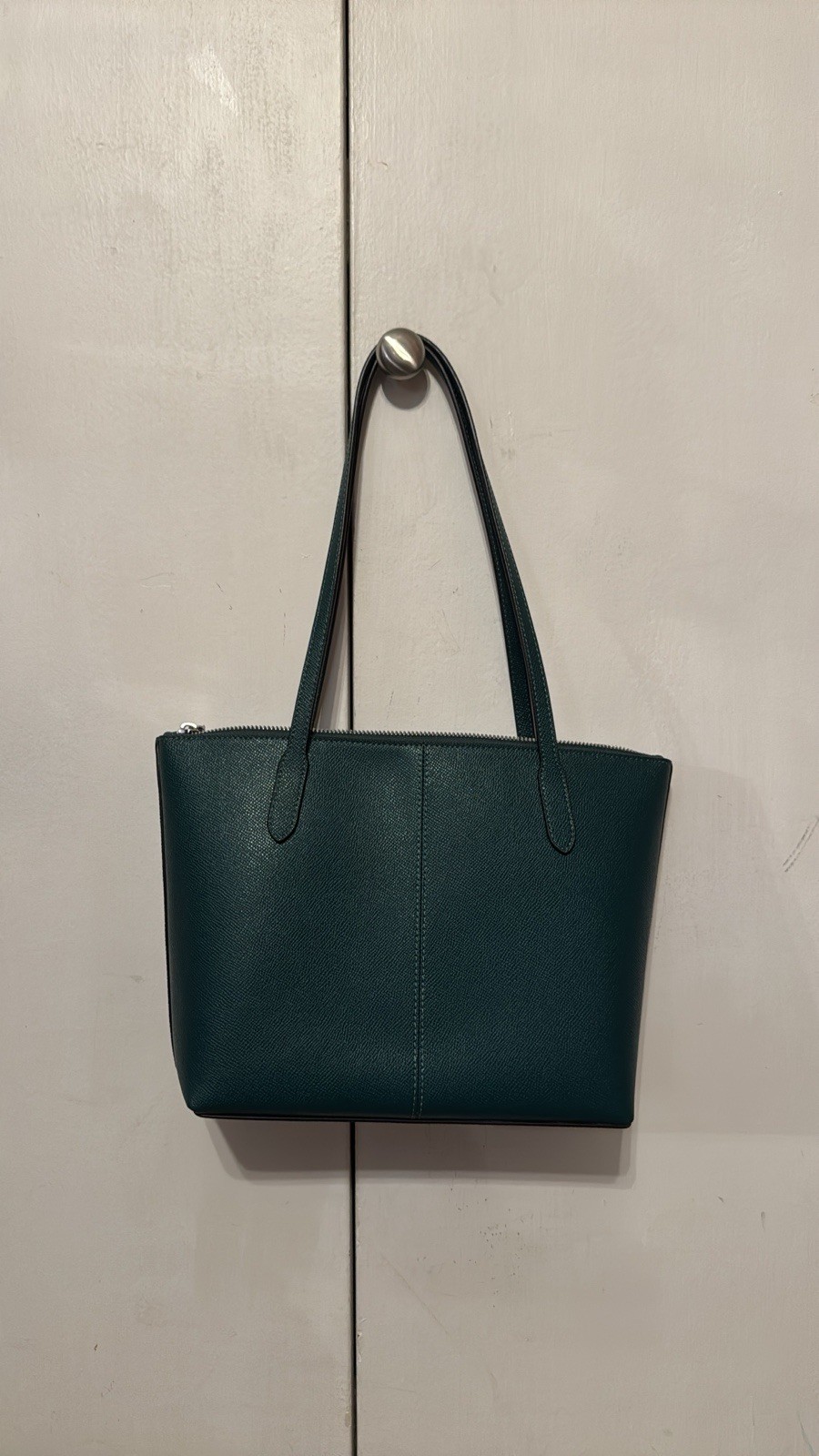 Coach Green Fiona Crossgrain Leather Zip-Top Tote Shoulder Bag Silver Hardware