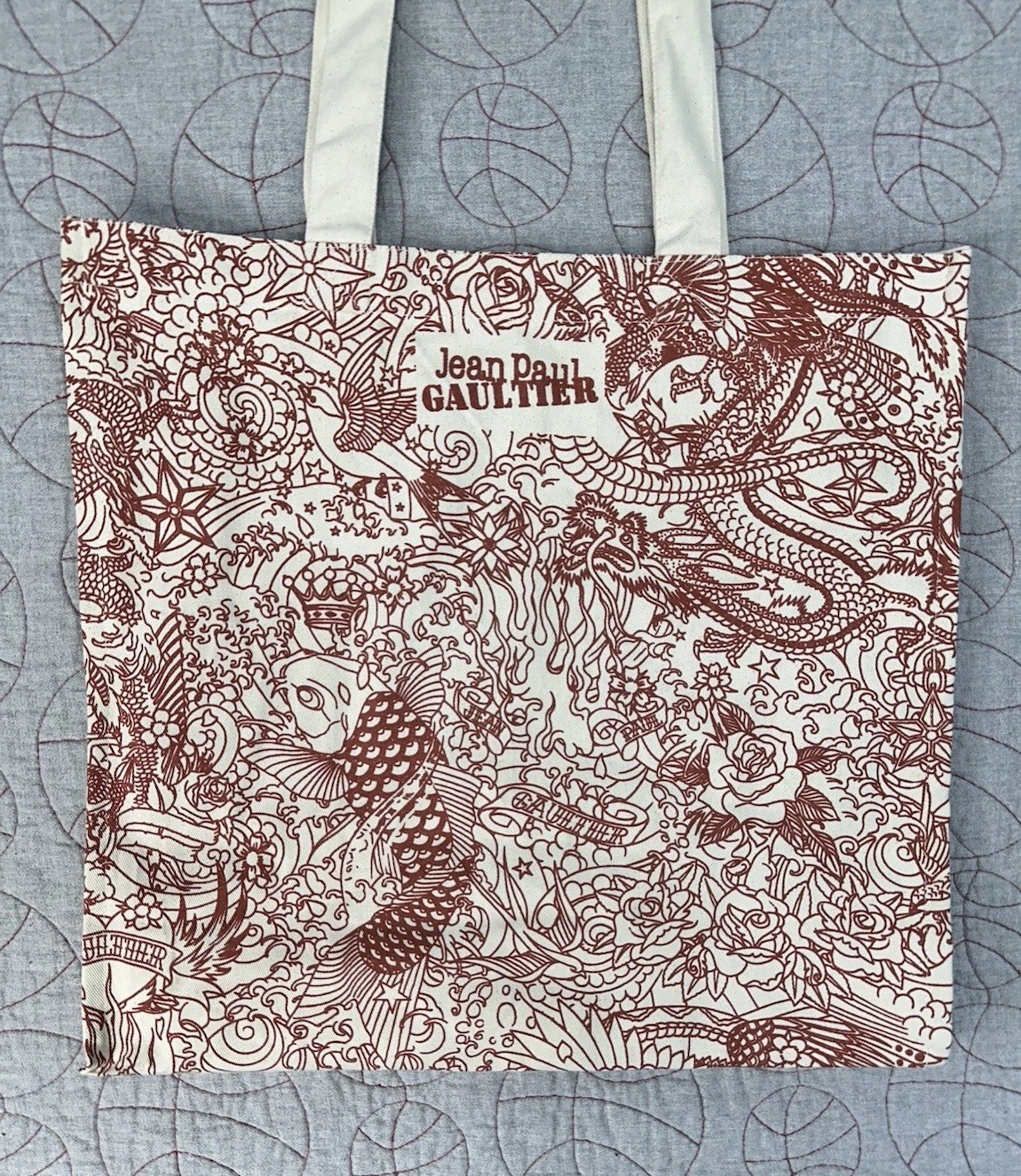 Jean Paul Gaultier JPG Tattoo Tote Bag Fish Dragon Red Beige Canvas Beach Cotton