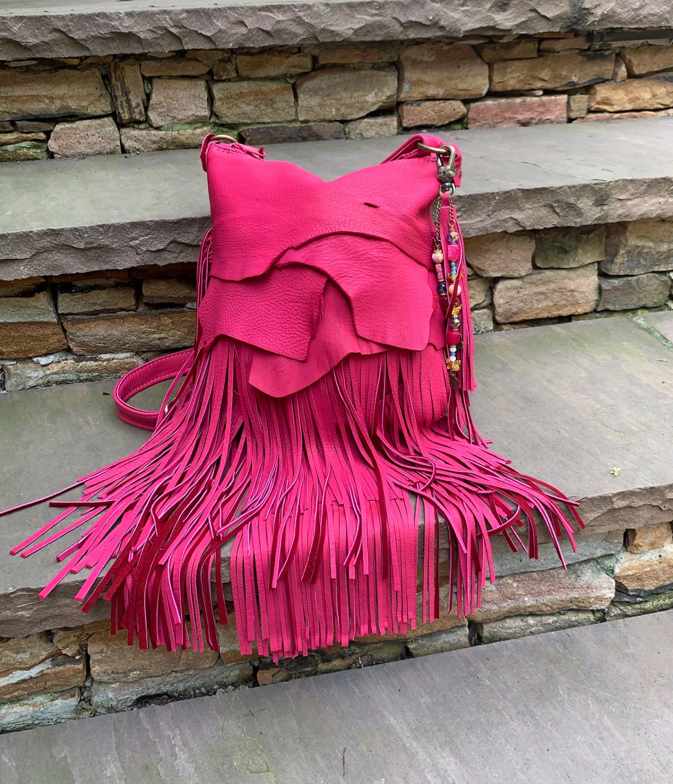 Soft HOT PINK Deerskin, beads, BOHO long fringe crossbody bag USA!