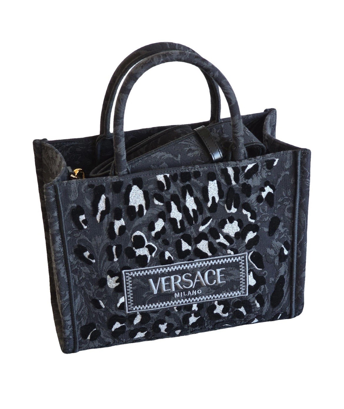 Versace Small Tote Lurex Bag Black Jacquard Leopard Print Fabric $2375 Retail.