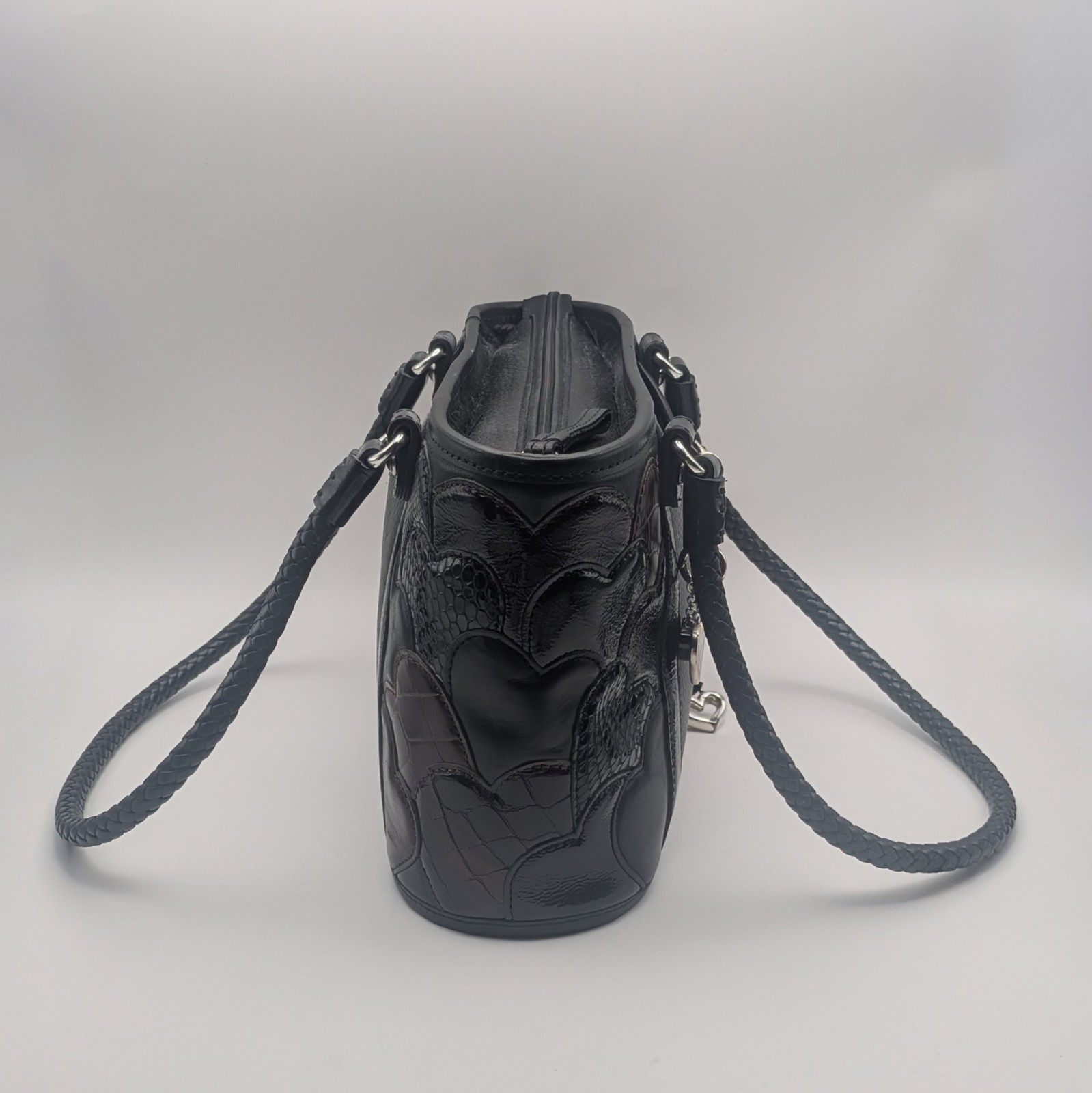 Vtg Brighton Fresca Black & Chocolate Purple Lining Leather 3D HEARTS Handbag