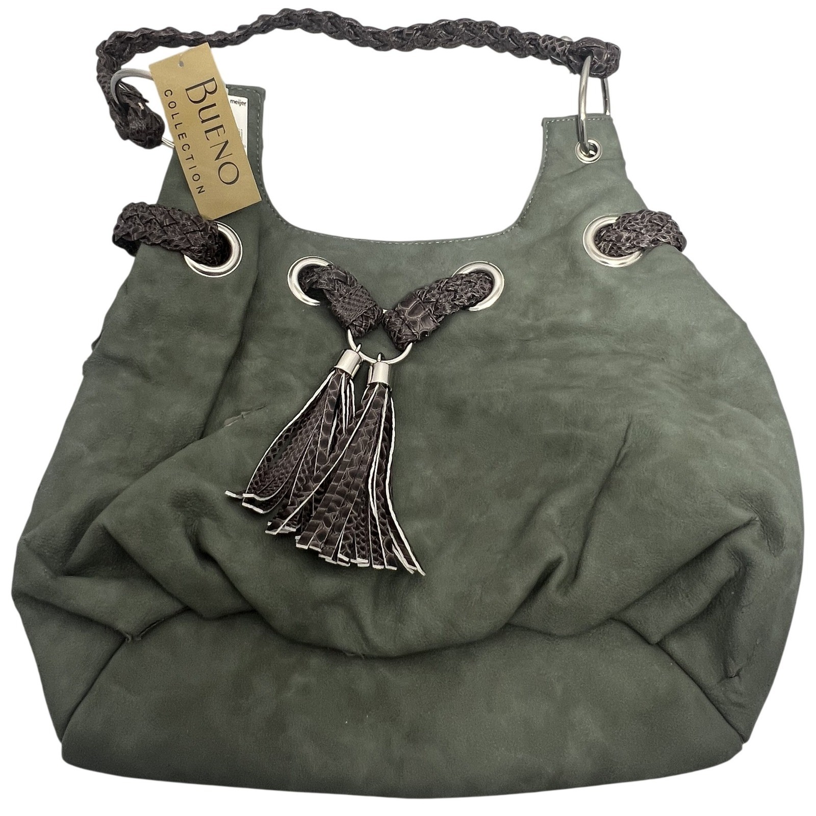 NWT Bueno Collection Sage Green Faux Suede Hobo Shoulder Bag with Tassels