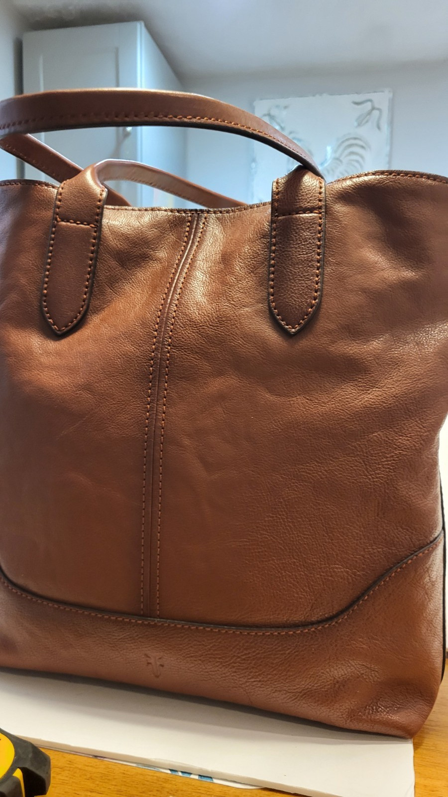 Frye Brown Tote Gold Hardware Stitching Logo Double Handles for Women
