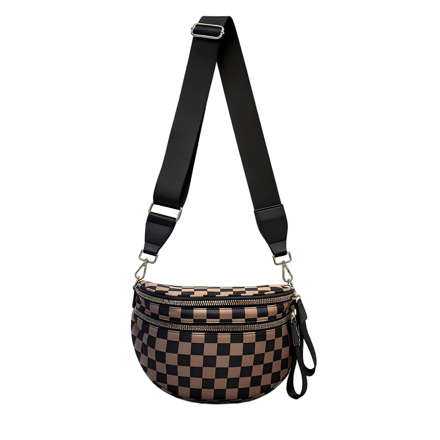 Khaki Black Checkered Crossbody Spacious Nylon Mom Purse Fanny Pack Bum Bag