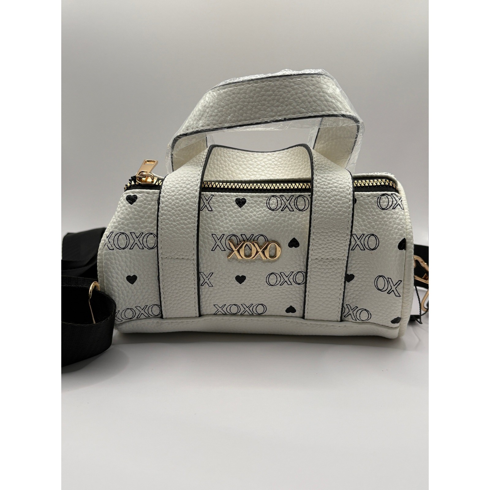 XOXO White Mini Cylinder Duffle Crossbody Bag Heart Print Gold Hardware New