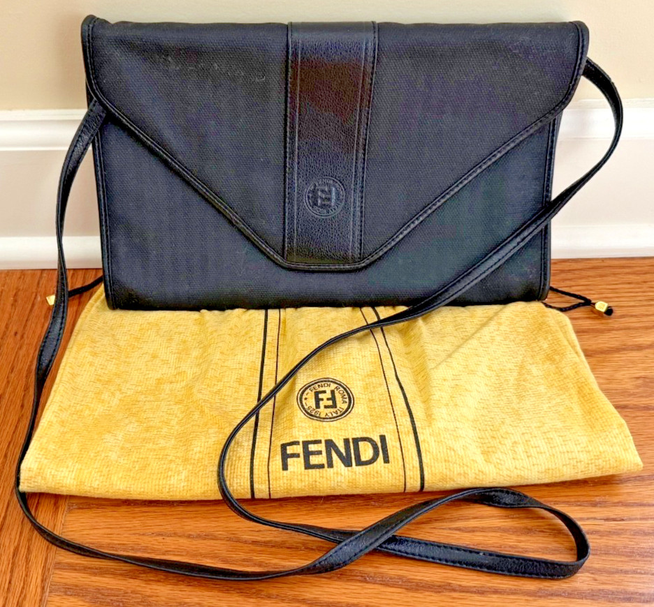 Vintage Fendi Black Leather/Canvas Clutch Crossbody Envelope Purse w/ Dust Bag