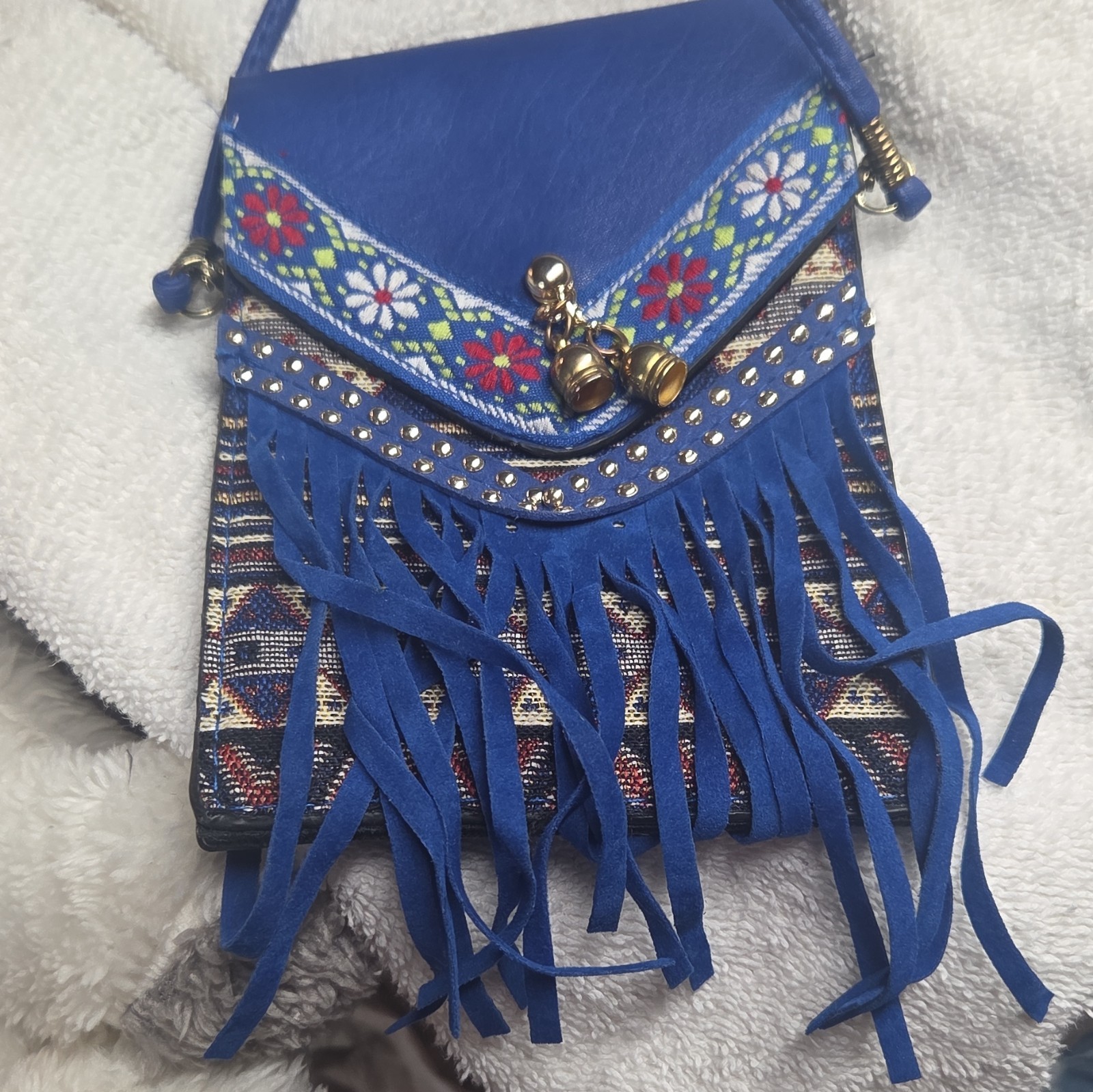 Blue Bohemian Geometric Crossbody Bag Fringe Studded Embroidered Snap
