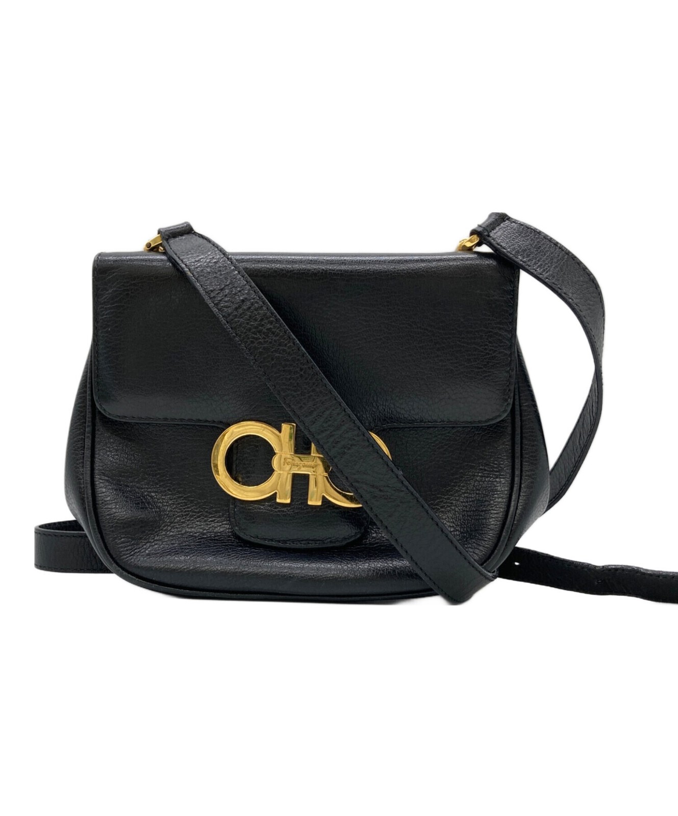 Salvatore Ferragamo Gancini Black Leather Shoulder Bag Gold Hardware Italy