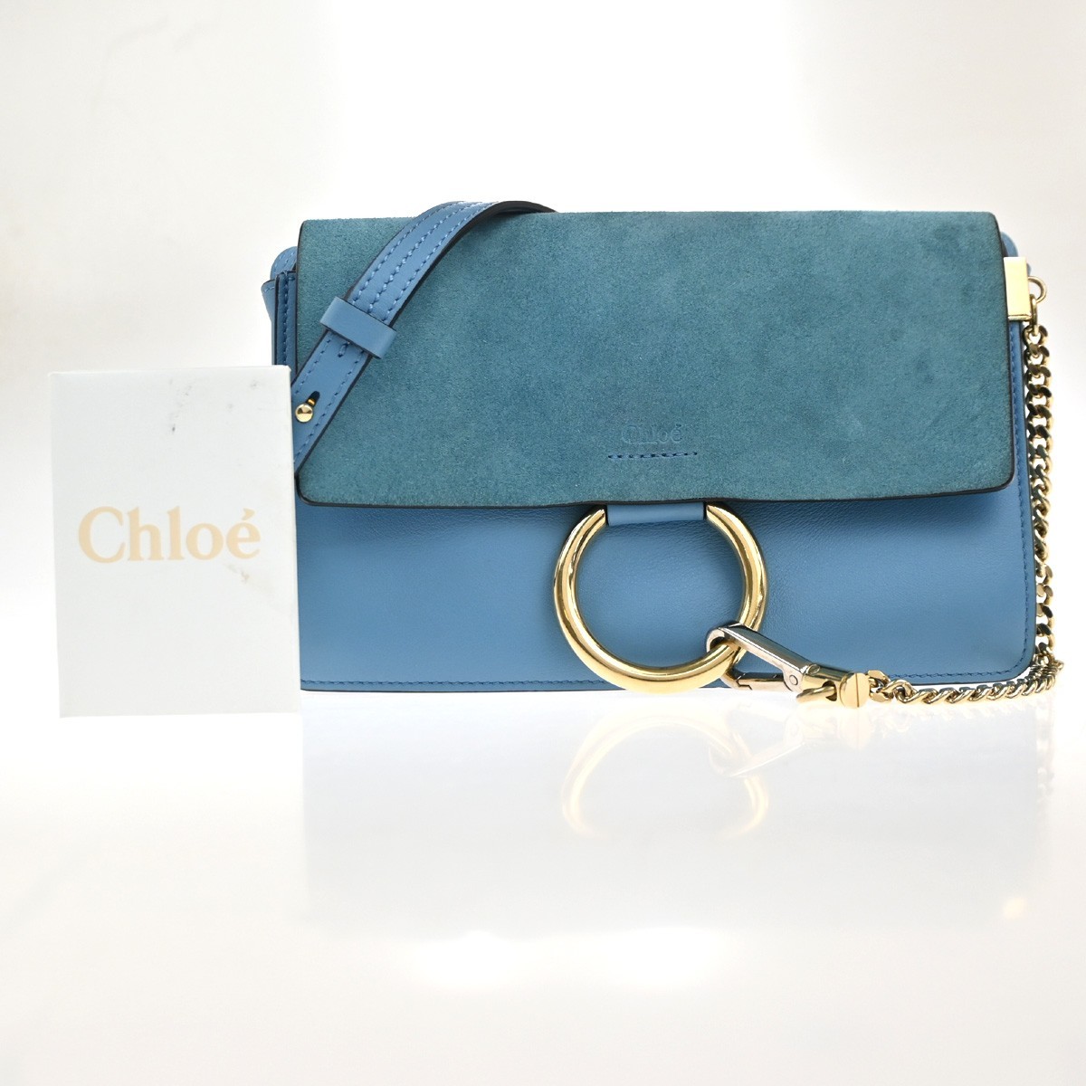 CHLOE Logo Faye Crossbody Shoulder Bag Suede Leather Blue Spain GHW 38CA694