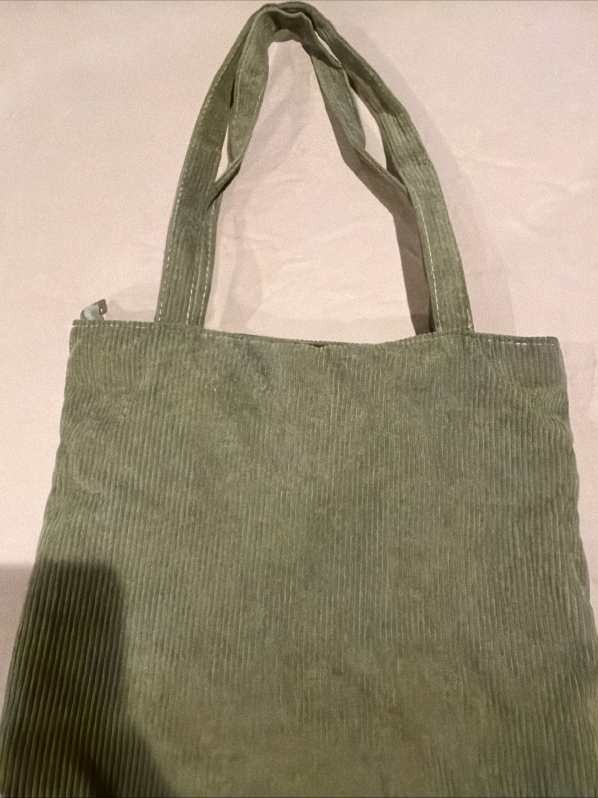 Sage Green Corduroy Tote Bag/ Shoulder Bag, lined + zip, Very Good Condition