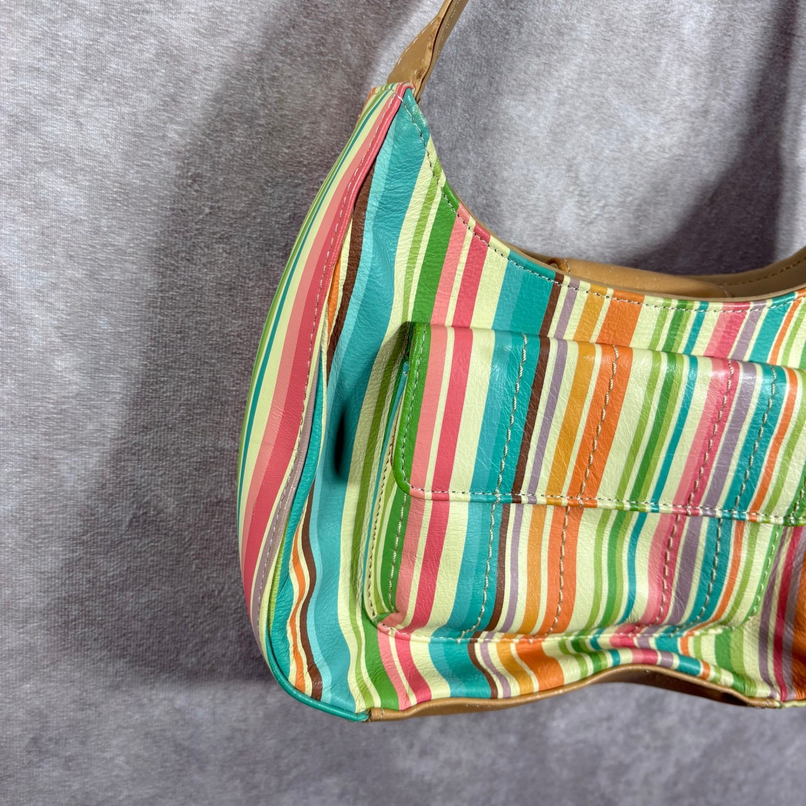 Fossil Shoulder Bag Womens Small Multi Color Striped Leather Hobo Boho Y2K