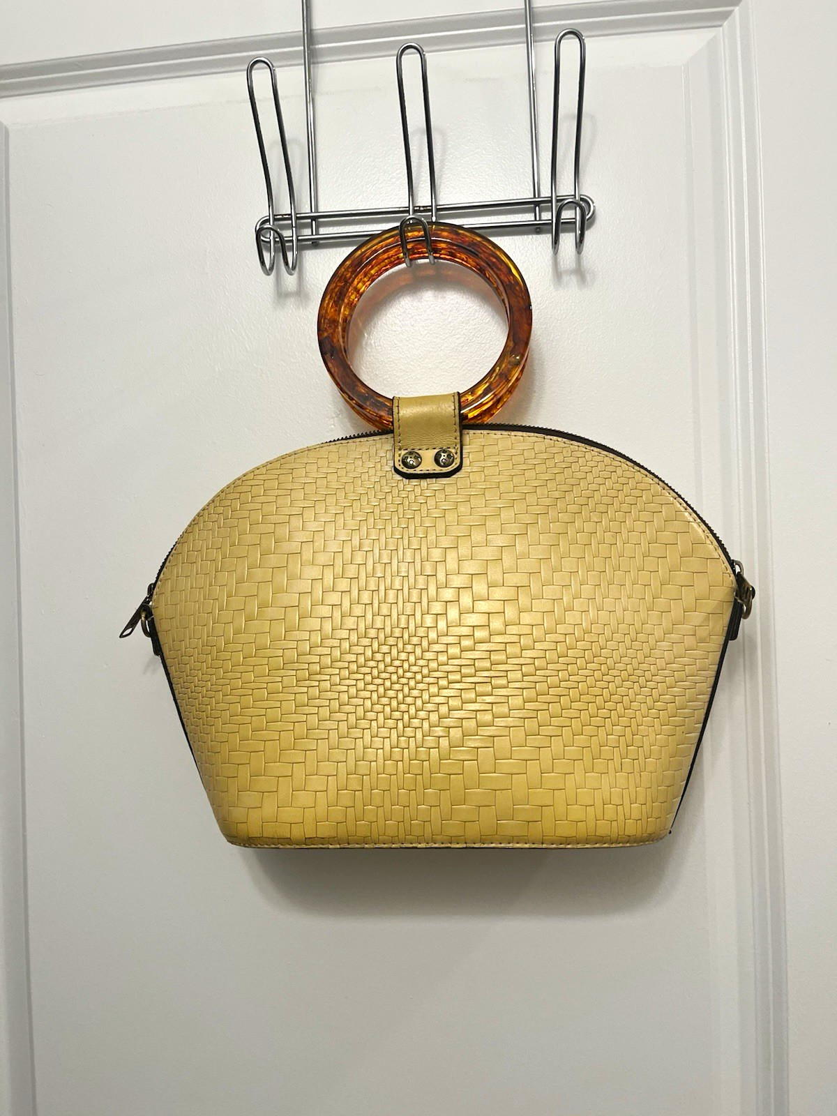Patricia Nash Meldola cream woven leather tote with a round acrylic handle