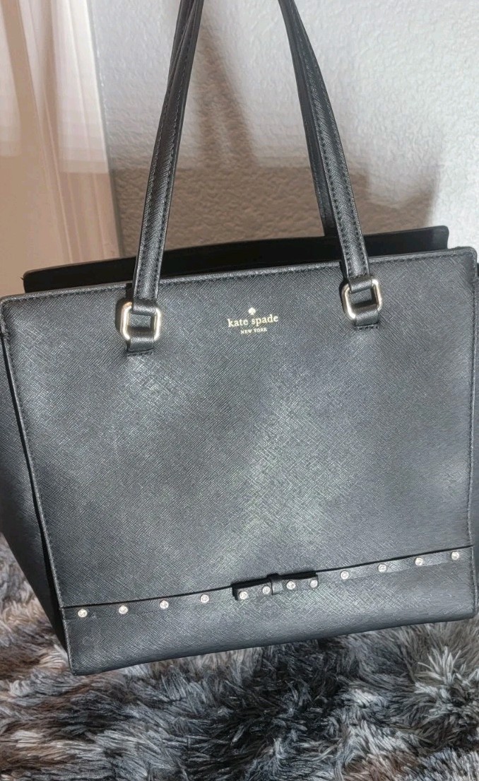 Kate Spade Laurel Way Jeweled Large Hadlee Black Leather Bag 11.5″ X 10″ EUC