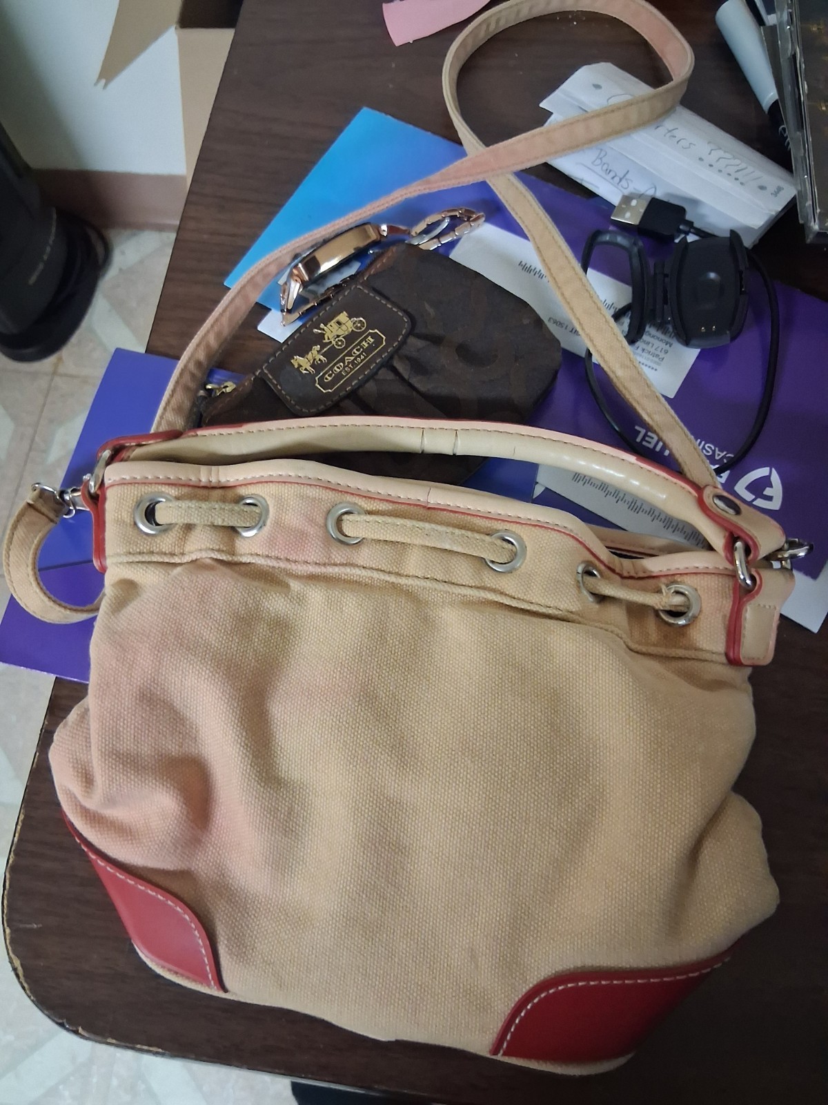Tommy Hilfiger Beige/Red Logo Drawstring Crossbody Bag Detachable Strap