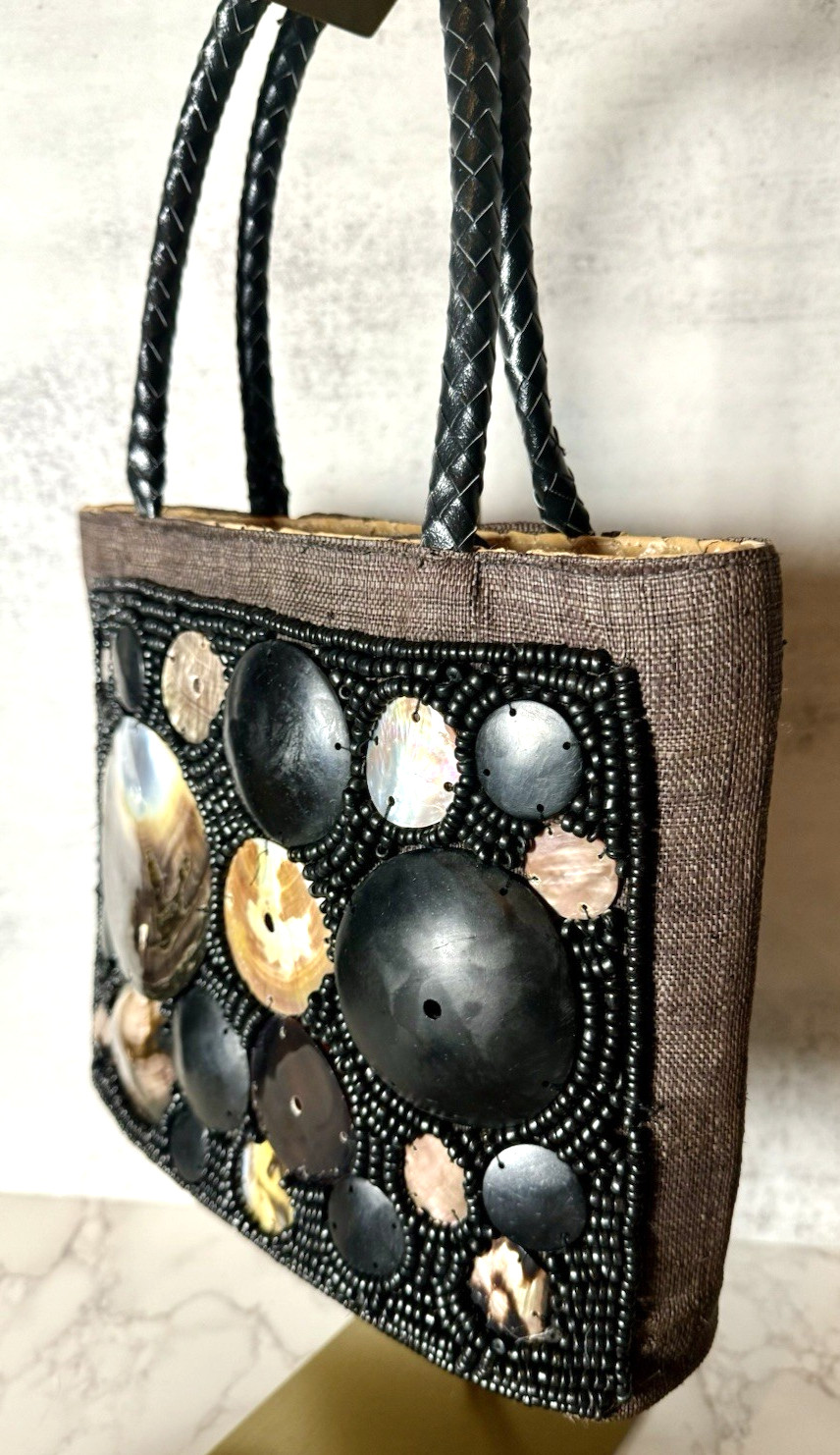 Italy Woven Abalone Handbag Chocolate Brown Wood Bead Rectangular Leather Handle