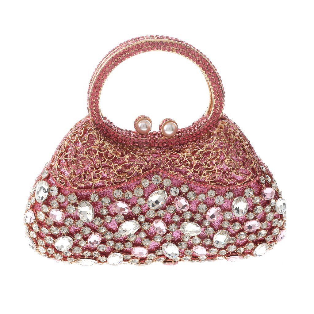 Gold Tone Alloy Metal Fashion Crystal Rhinestone Clutch Bag HB6289-PNK