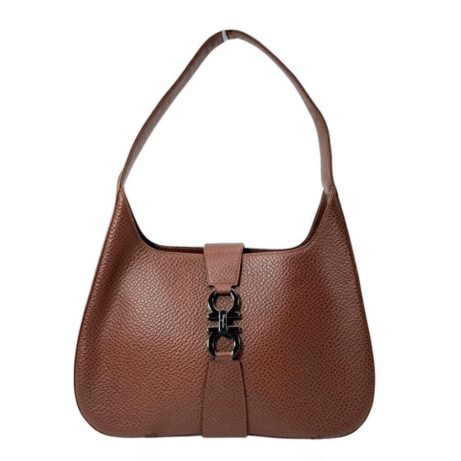 Ferragamo Gancini Brown Grain Leather Hobo Shoulder Bag Women Italy 31cm A22cm