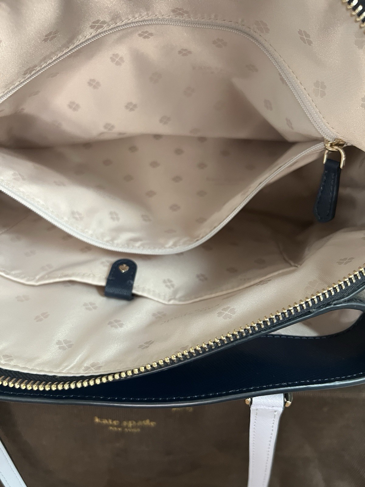 kate spade new york Blue Medium Tote, Zip Top, White Handles, Dust Bag, Gold