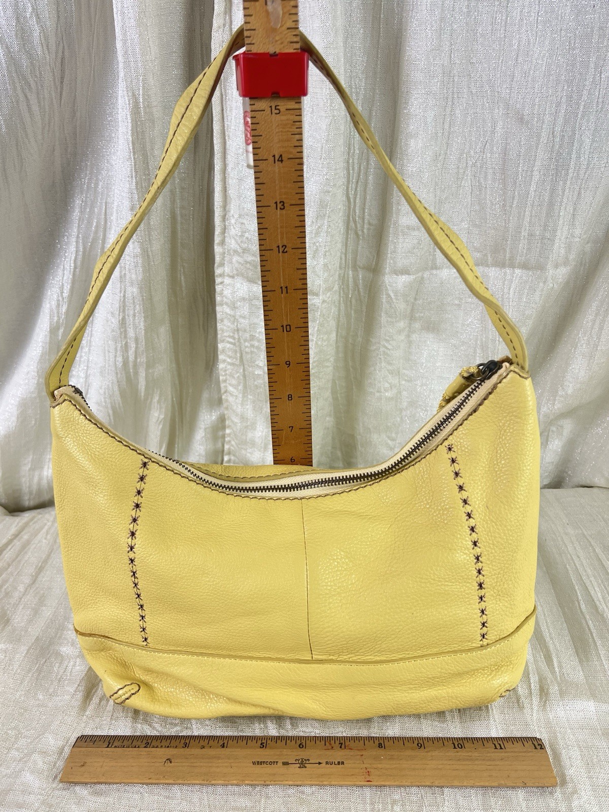 The Sak Yellow Pebbled Leather Hobo Shoulder Bag Purple Stitch Boho Purse