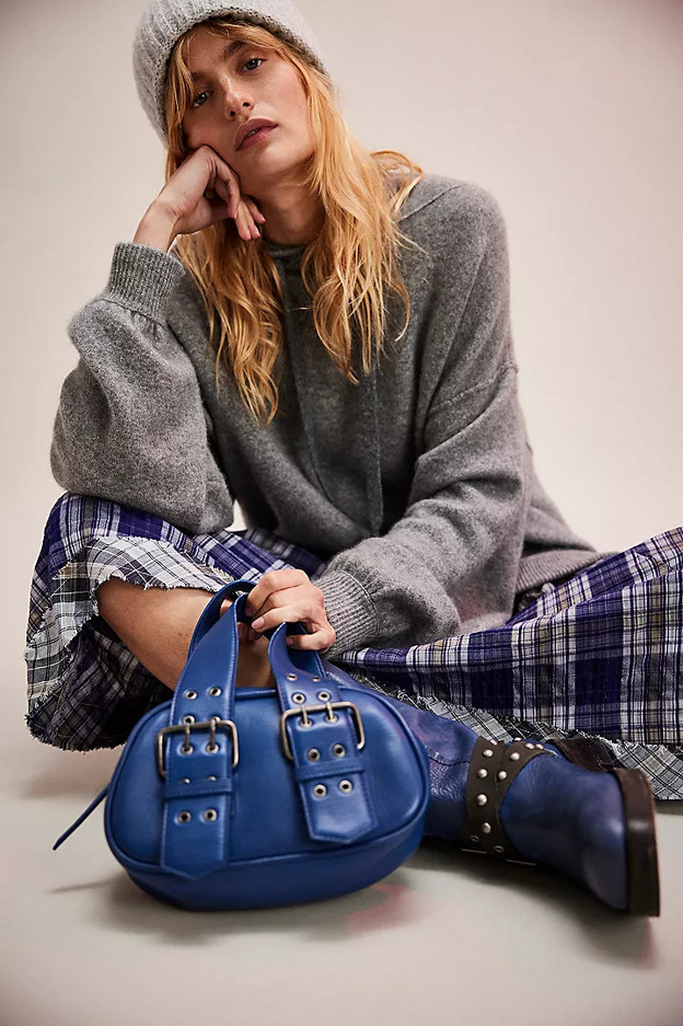 NEW FREE PEOPLE BLUE LEATHER SAY YES BUCKLE BAG