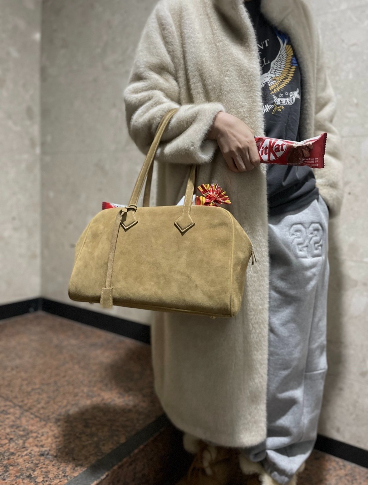 Genuine Cowhide Suede Leather Camel Shoulder Bag Minimal Classic 33cm