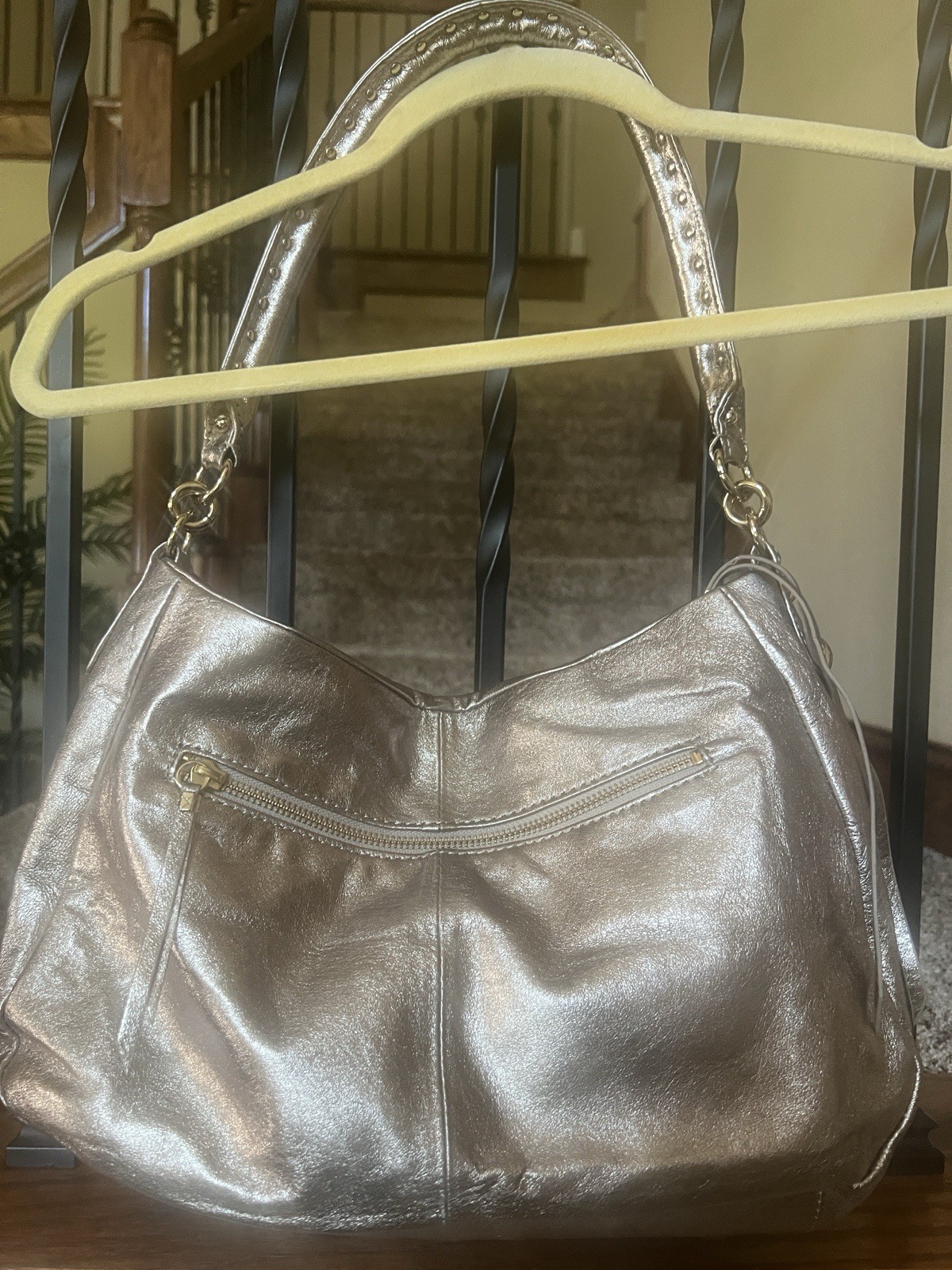 Elliott Lucca Metallic Silver Shoulder Bag Floral Applique Zip Pockets Gold