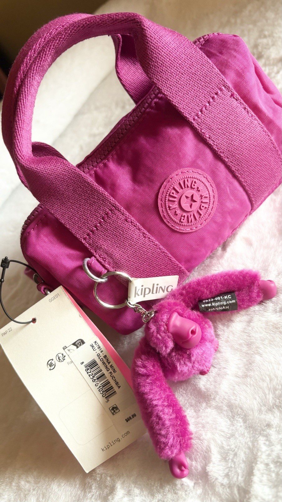 Genuine Kipling Bina Mini Small Duffle FUCHSIA Crossbody Terra w Keychain