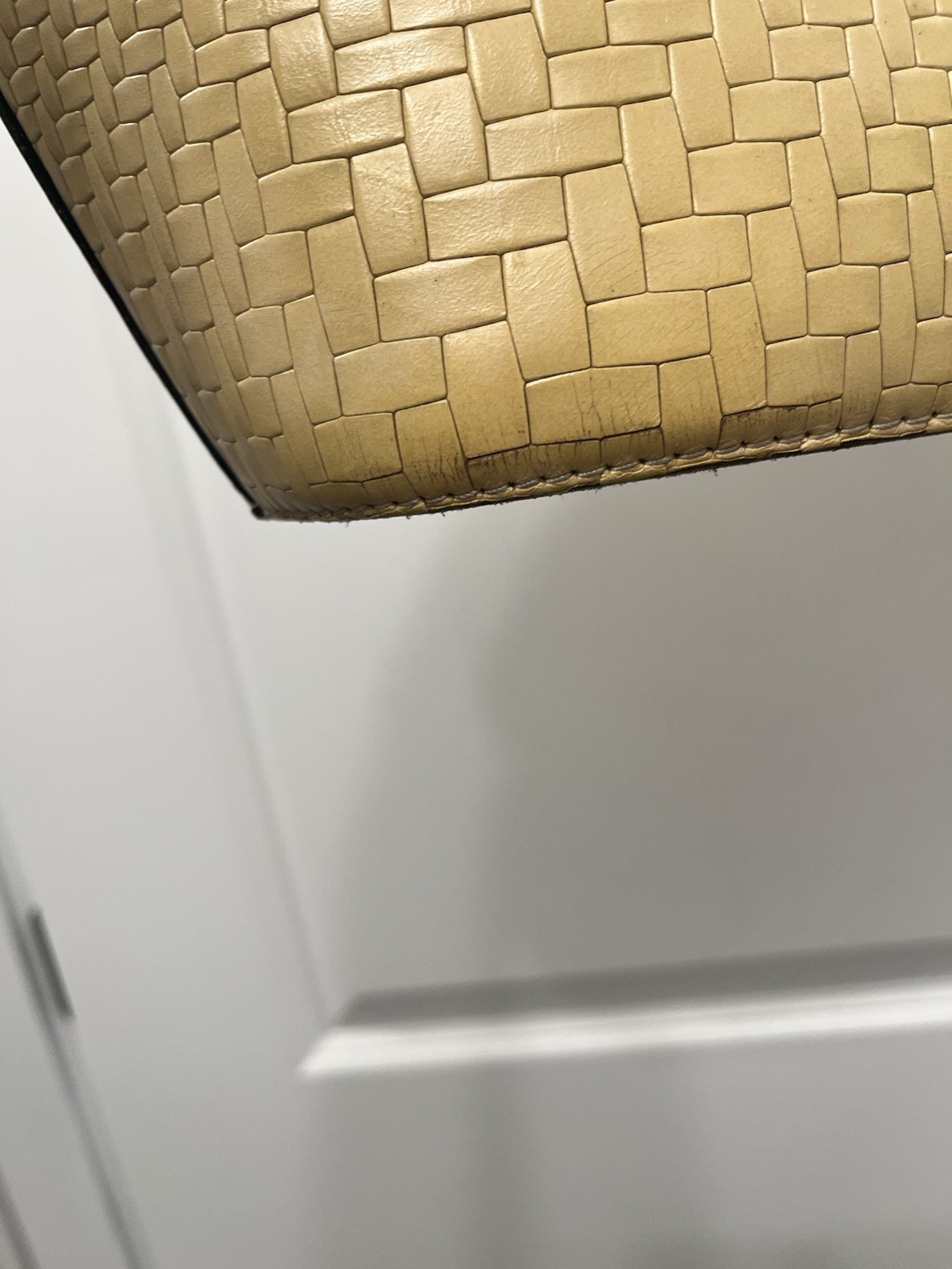 Patricia Nash Meldola cream woven leather tote with a round acrylic handle