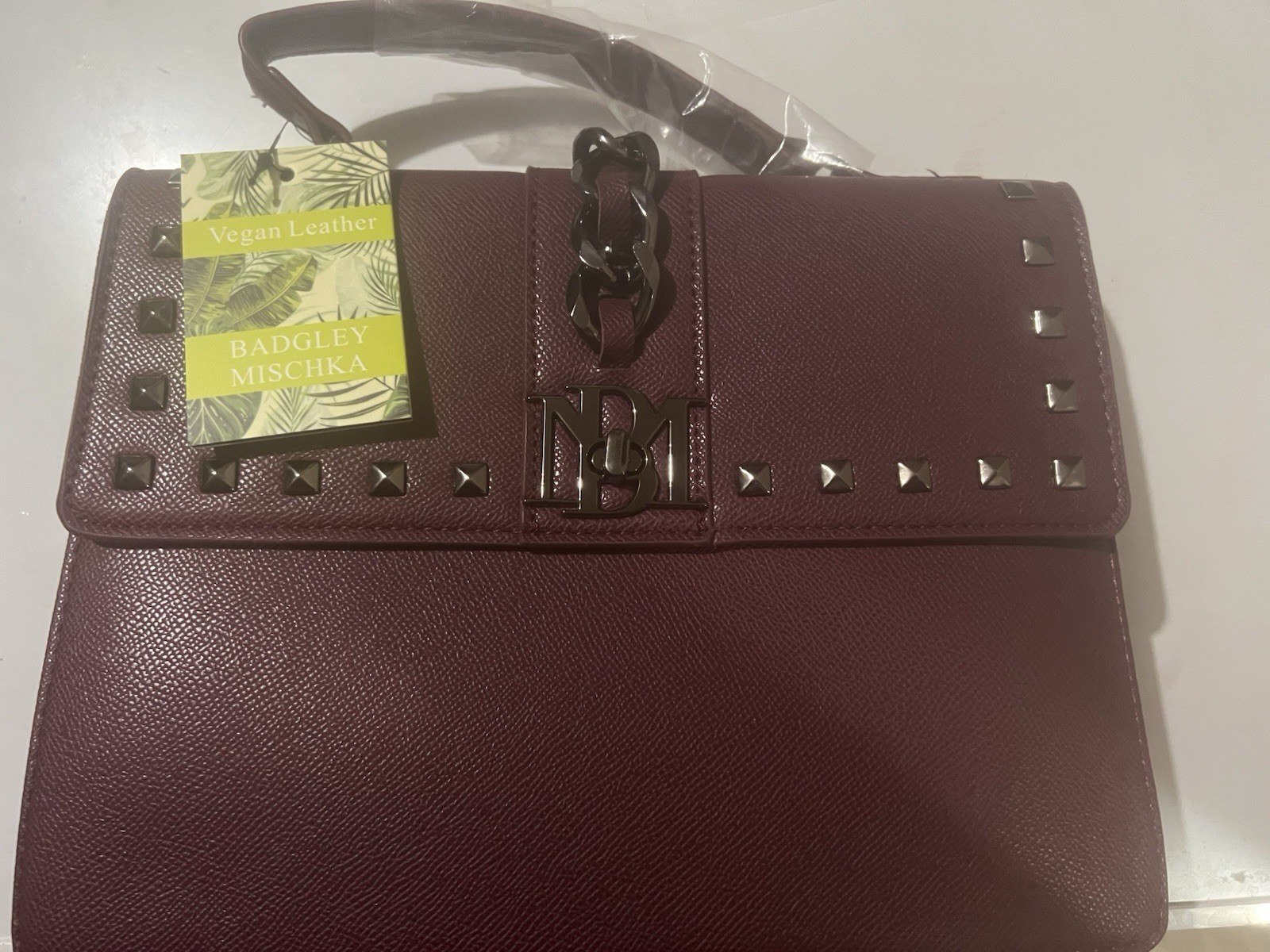 Badgley Mischka Plum Studded Top Handle Satchel, Turn Lock, Detachable Strap
