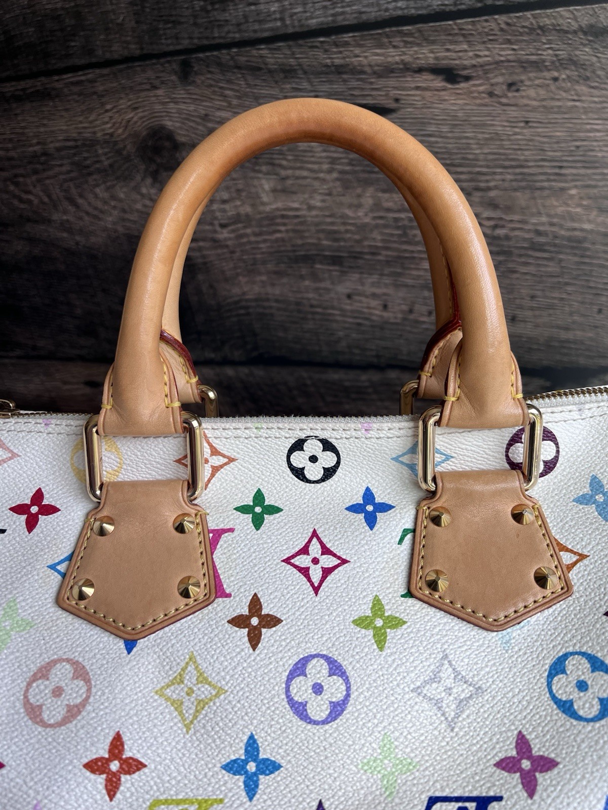 Louis Vuitton Takashi Murakami White Multicolor Speedy 30 Handbag Purse Tote EUC