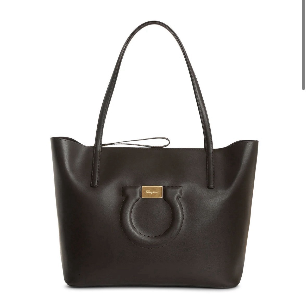Salvatore Ferragamo Gancini Leather Tote Bag Dark Brown Grey Gold Excellent