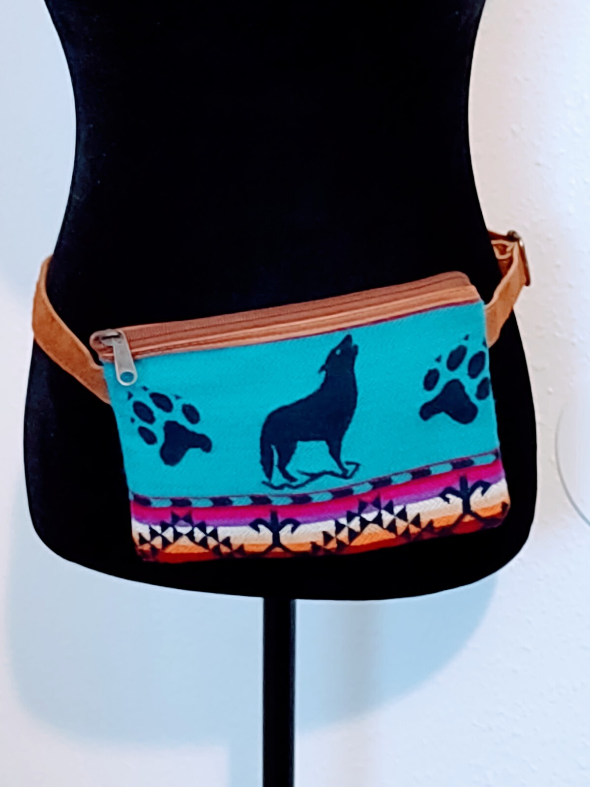 HOWLING WOLF WOOL AND LEATHER BOHO FANNY PACK ADJUSTABLE