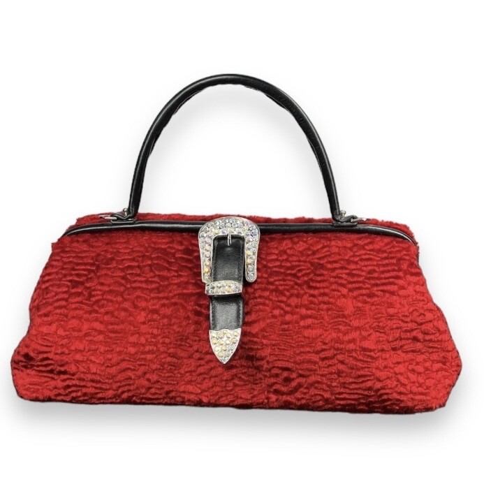 Raviani Red Faux Fur Rhinestone Studded Handbag Purse New Read