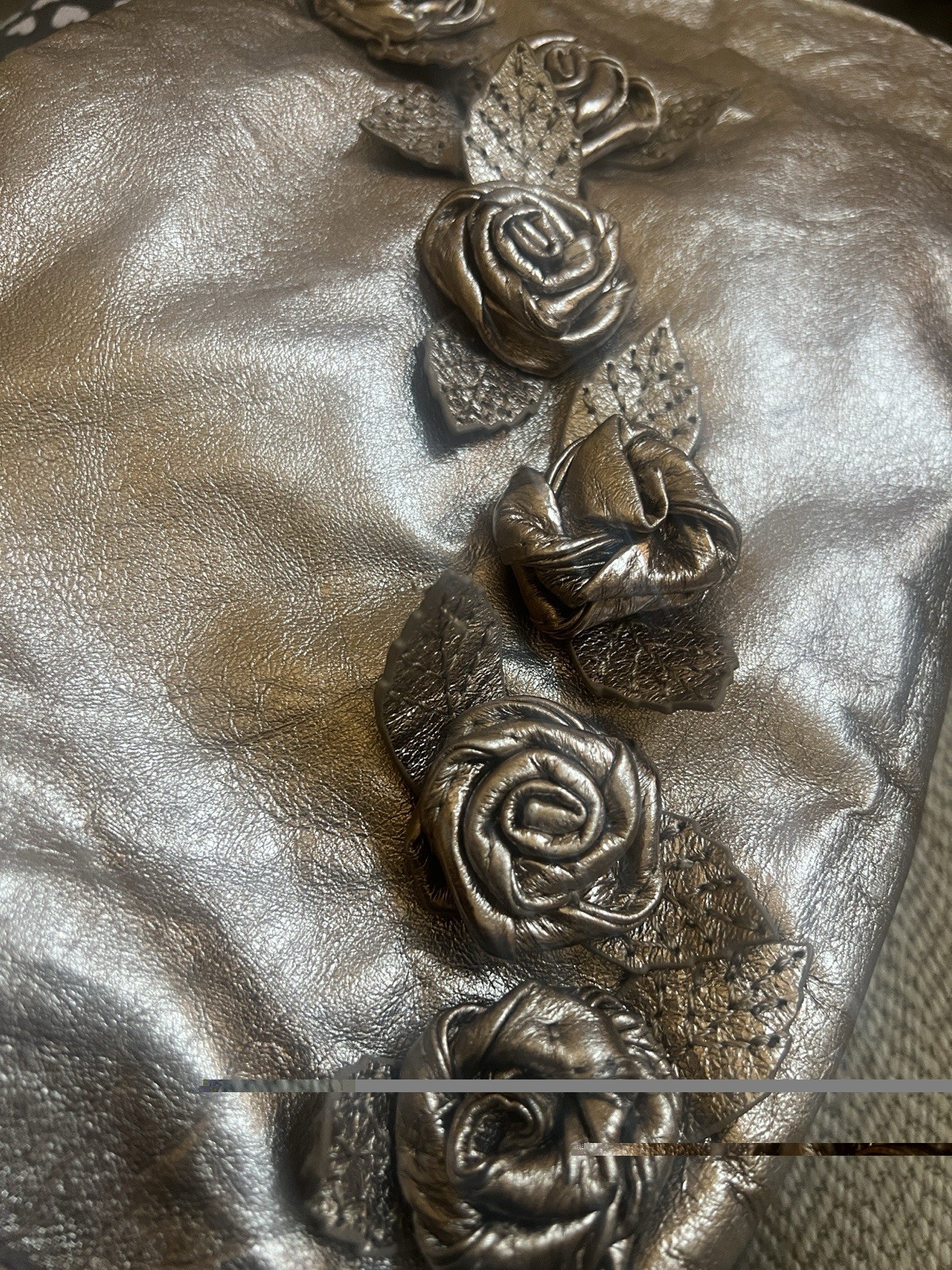 Elliott Lucca Metallic Silver Shoulder Bag Floral Applique Zip Pockets Gold