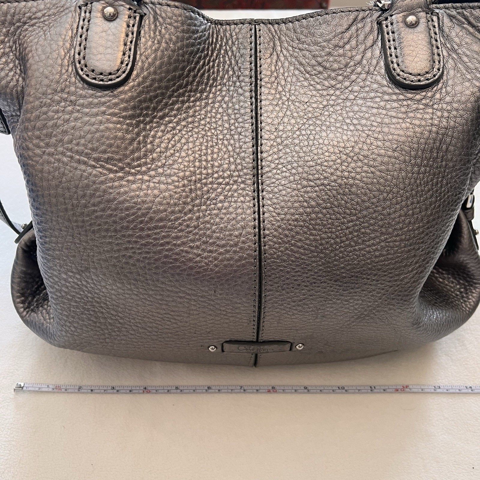 Cole Haan Platinum Silver Metallic Pewter Leather Handbag Hobo Tote Purse