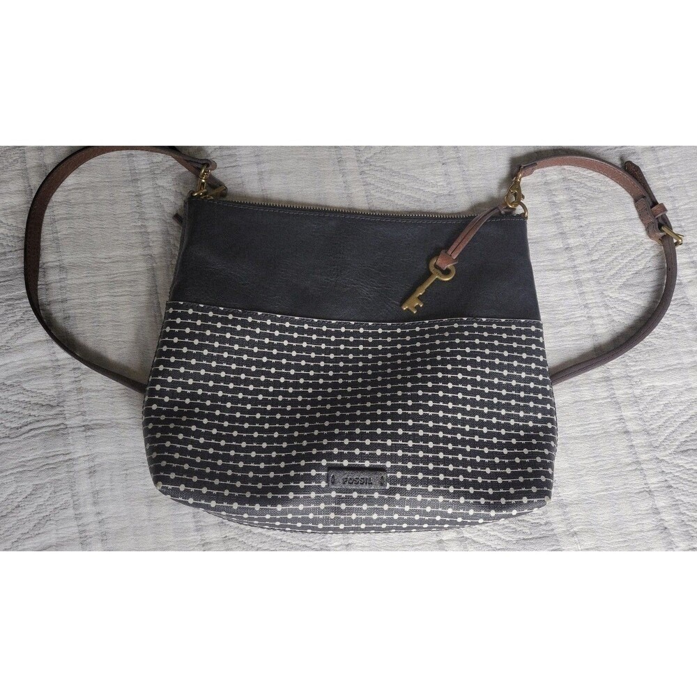 Fossil Fiona Crossbody Bag – Black/White Pattern & Leather Trim