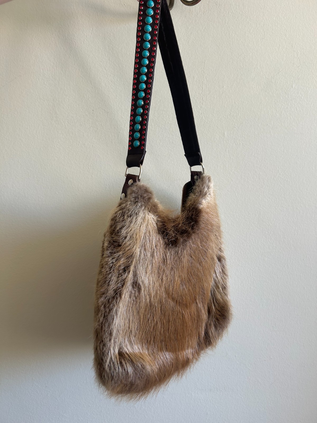 Authentic Southwestern-Style Suede and Fur Bag with Studded Turquoise Accents