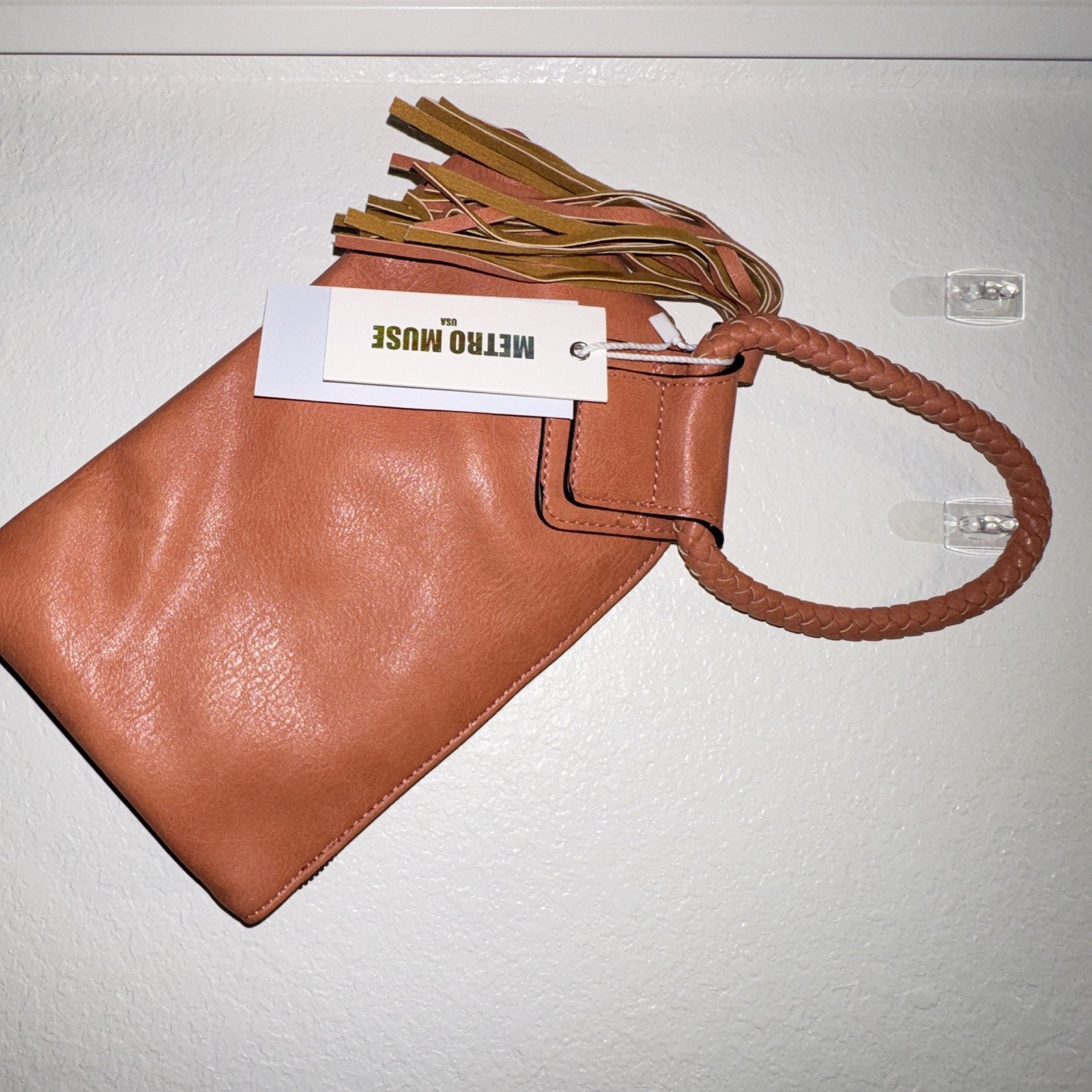 Metro Muse Tan Triangle Clutch Top Handle Zip Tassel Braided Handle Gold