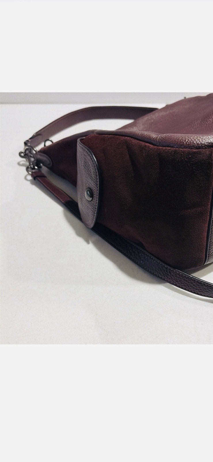 Coach Burgundy Pebbled Shoulder Bag Adjustable Strap Zipper Buckle Accent