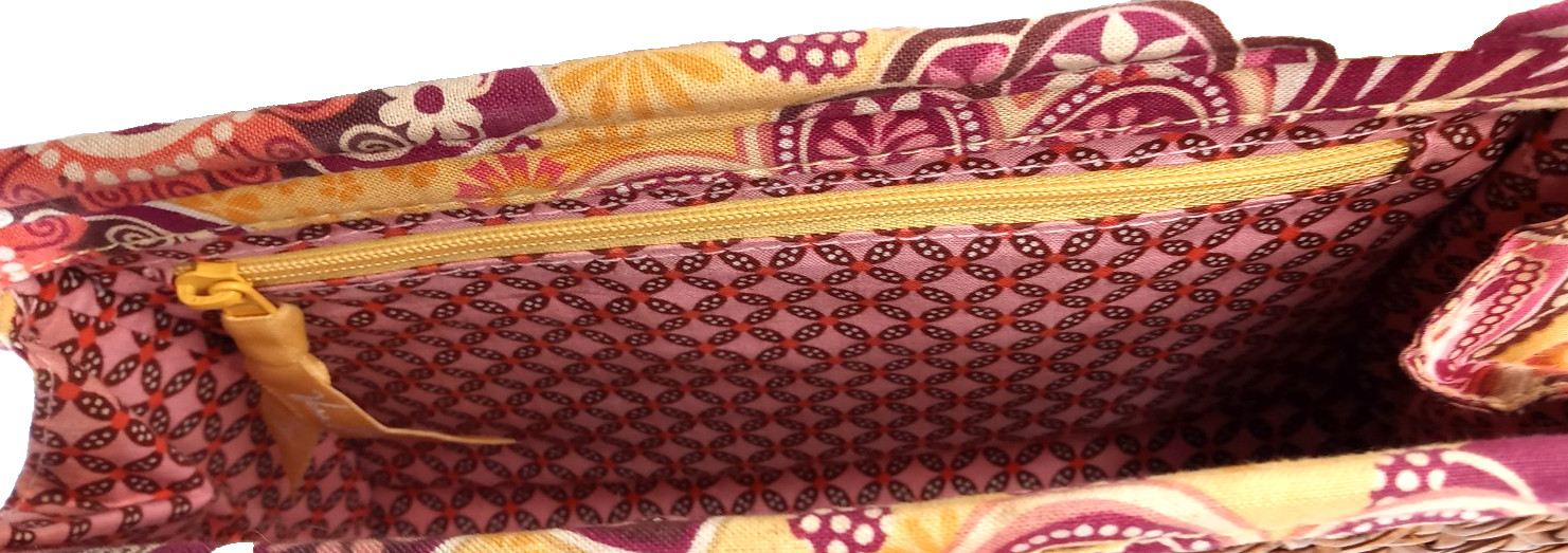 Vera Bradley Clutch Purse Tiki Bali Woven Cane Yellow Purple Snap BEACH RESORT