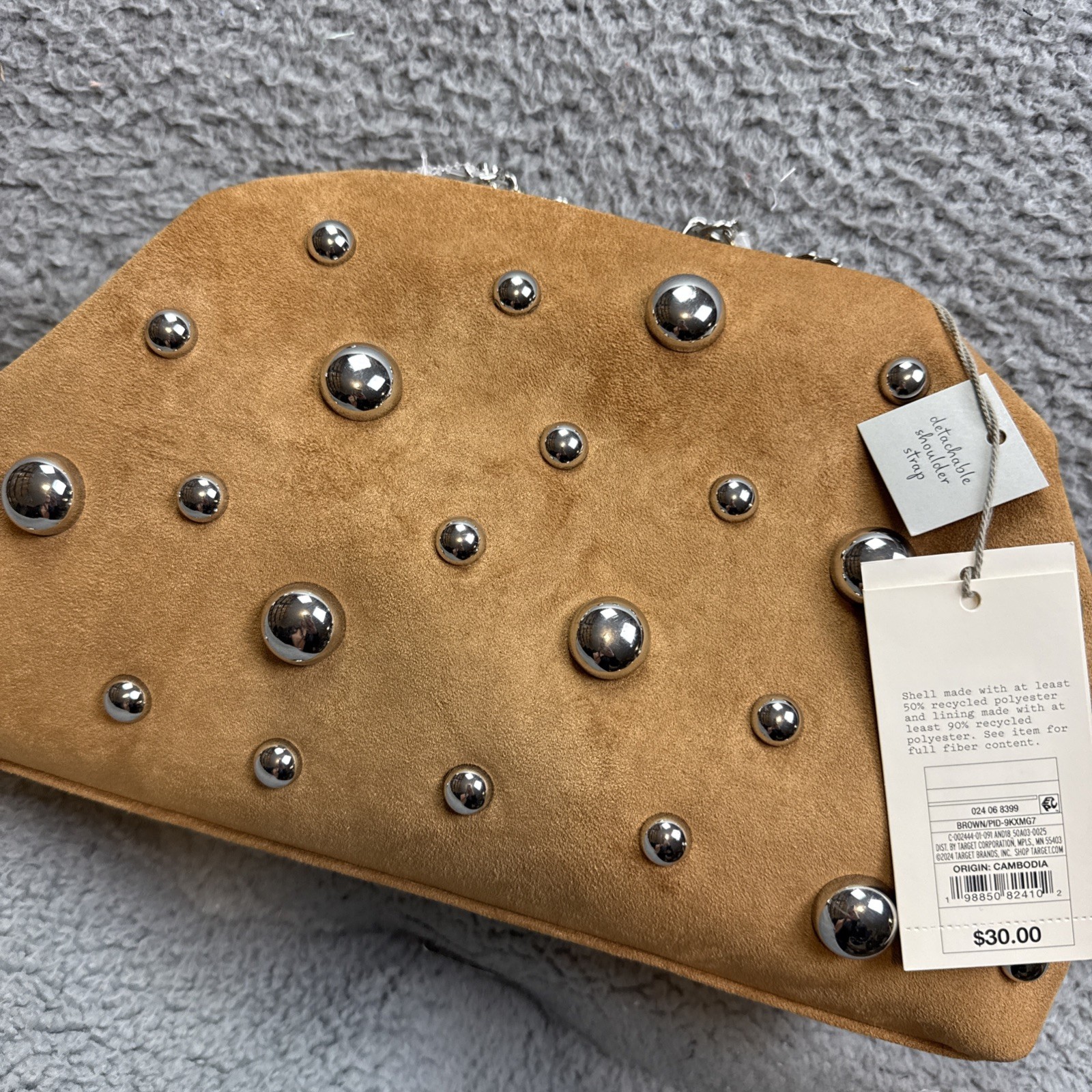 A New Day Womens Medium Brown Studded Faux Suede Oversized Clutch Shoulder Strap