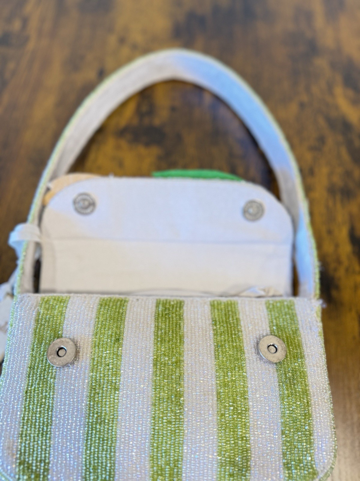 Viral Made In India Beaded Yellow Tulip Purse With White And Green stripes