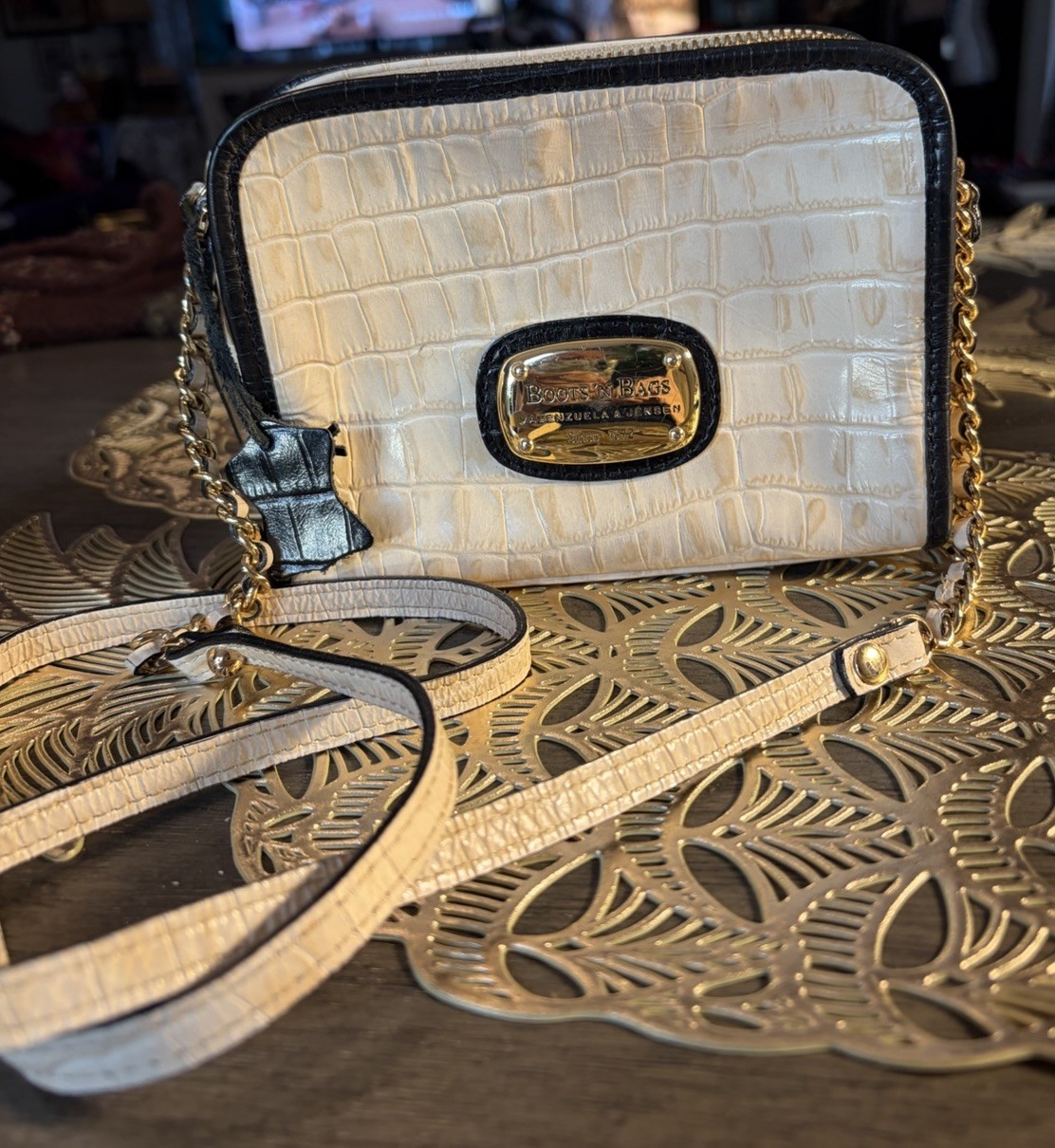 Boots ‘N Bags Small Leather Cross Body Bag Beige And Brown Crocodile Texture