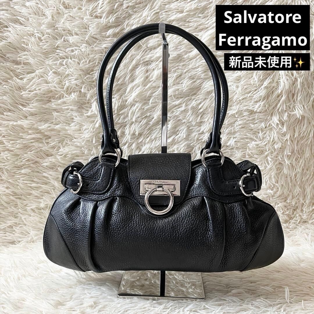 Salvatore Ferragamo Gancini Leather Handbag Black Silver Hardware Flap Y2k