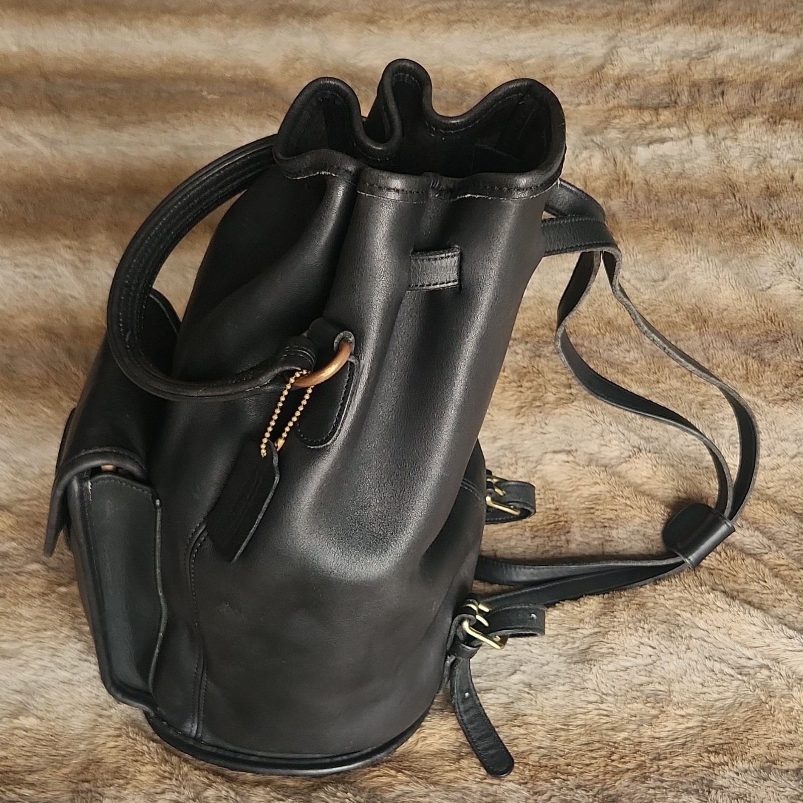 Coach Black Bucket Backpack, Drawstring & Turn Lock, Brass Hardware, Charm, 9992